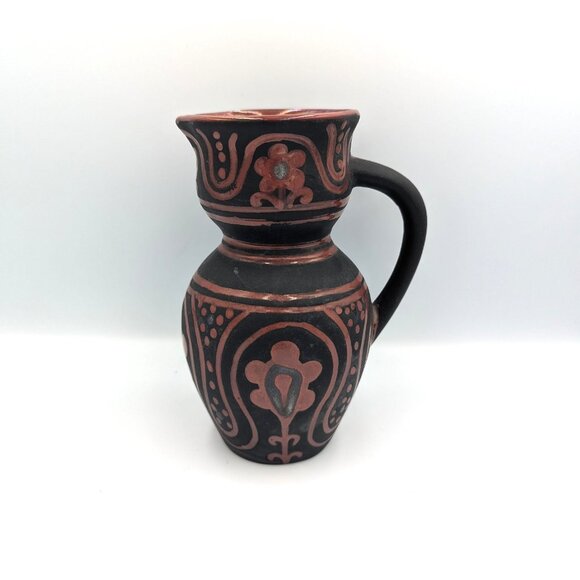 Vintage Georgian Clay Pottery Jug Doqi Redware Red Black Raku Glaze Wine Carafe - Picture 1 of 7